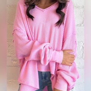 Waffle Knit Exposed Seam High Low Oversized Top in Pink Blush Long Sleeve